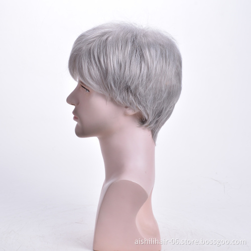 Aishili wholesale short grey natural silky straight toupee remy hair synthetic wigs for men